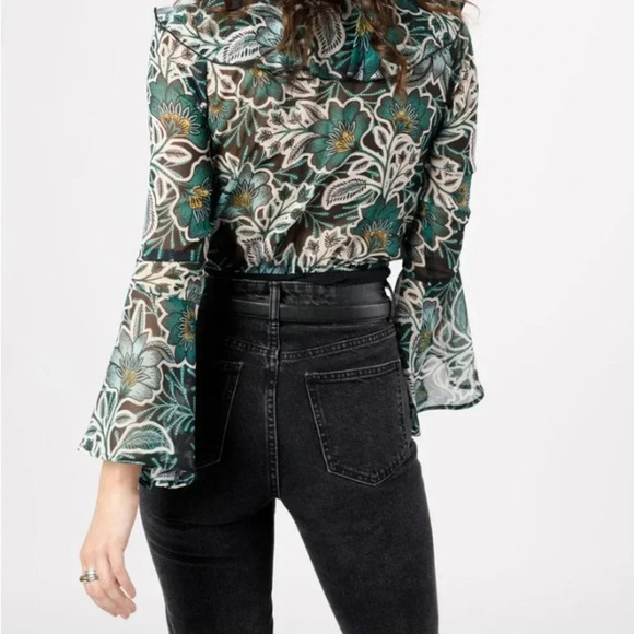 Band of the Free Floral Emerald Green Sheer Women's Bohemian Bodysuit SZ Medium - Picture 2 of 7